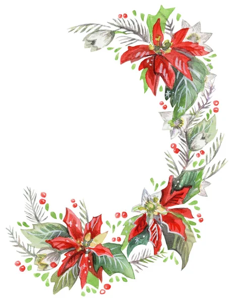 Sulu Boyalı Noel Çelenkleri Gül Çiçekli Vektör Tasarımı Çerçevesi Moda — Stok fotoğraf