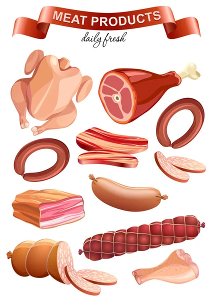 Colorful Objects Food Supermarket Meat Products Collection Isoalted White — Stock Vector