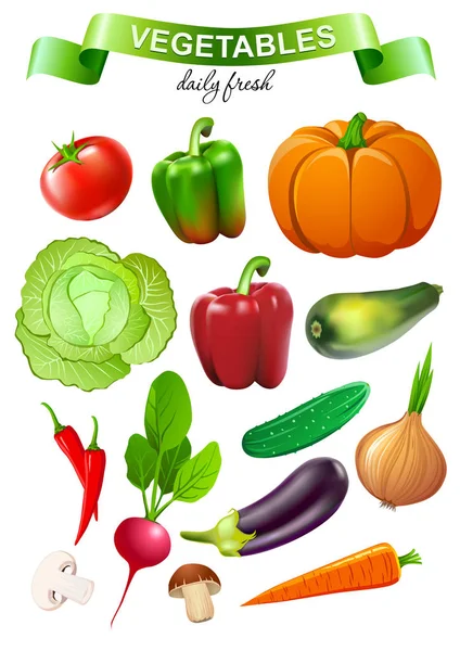 Objets Colorés Pour Supermarché Alimentaire Collection Légumes Isoaltés Sur Blanc — Image vectorielle
