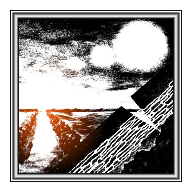 Kare çerçeve kenarlığı üzerinde renk renk tonu ile serbest elle çizilmiş kroki kompozisyon