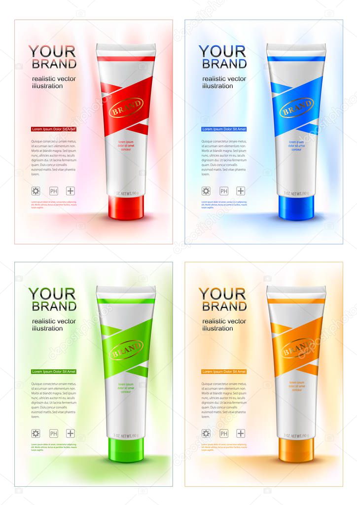 Tube conteiners design mock up. Beauty print posters or advertising cards. Containers are for beauty or skin care products.