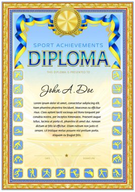 Spor diploma boş şablon. Her iki tarafta spor simgelerle renkli tasarım.