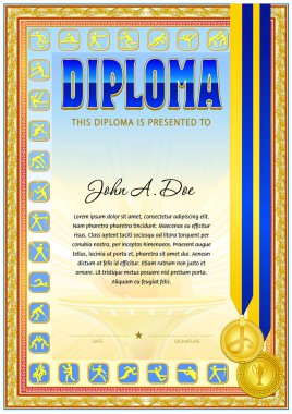 Spor diploma boş şablon. Her iki tarafta spor simgelerle renkli tasarım.