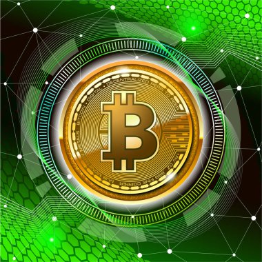 Bitcoin dijital para. Cryptocurrency reklam banner şablon techno arka plan üzerinde