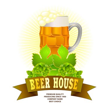 Geleneksel bira festivali renkli logo fikri. Bardak, kurdele, zıplayan yapraklar gibi içecek elementleri. Merkezi bileşim