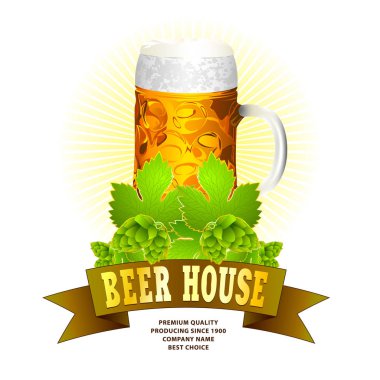 Geleneksel bira festivali renkli logo fikri. Bardak, kurdele, zıplayan yapraklar gibi içecek elementleri. Merkezi bileşim