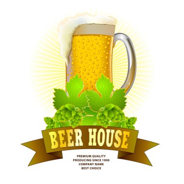 Geleneksel bira festivali renkli logo fikri. Bardak, kurdele, zıplayan yapraklar gibi içecek elementleri. Merkezi bileşim