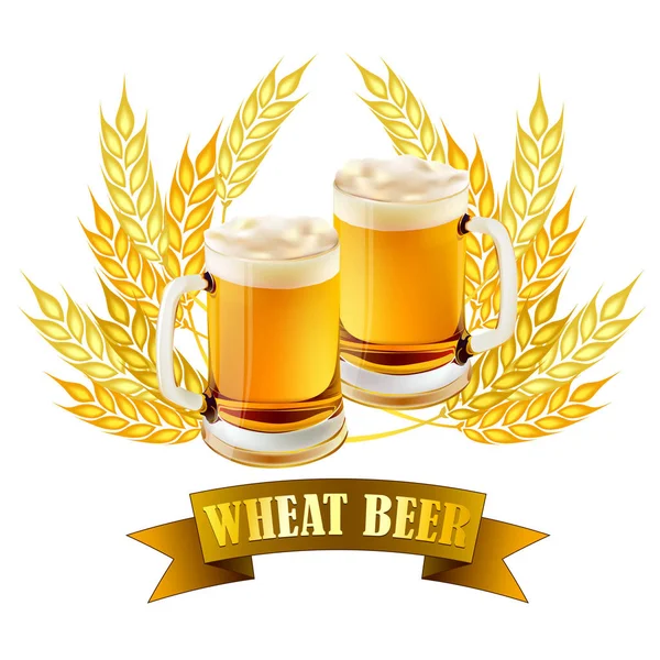 Wheat Beer Illustration Brewery Products Golden Wheat Ears Glass Mugs — Stock Vector