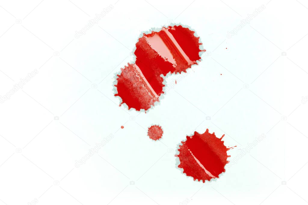 Red blood  drops on white background. Urgent medical aid illustration. It can use as red paint drops idea.
