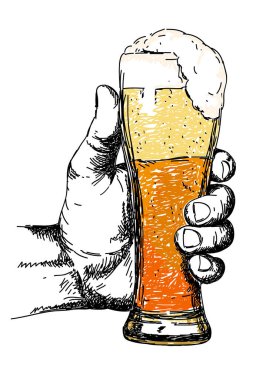 Eline bir bardak bira. El çizimi illüstrasyon.