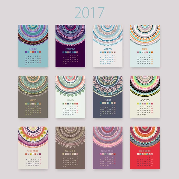 Soyut 2017 İspanyolca vektör daire süsleme mandala ile takvim.