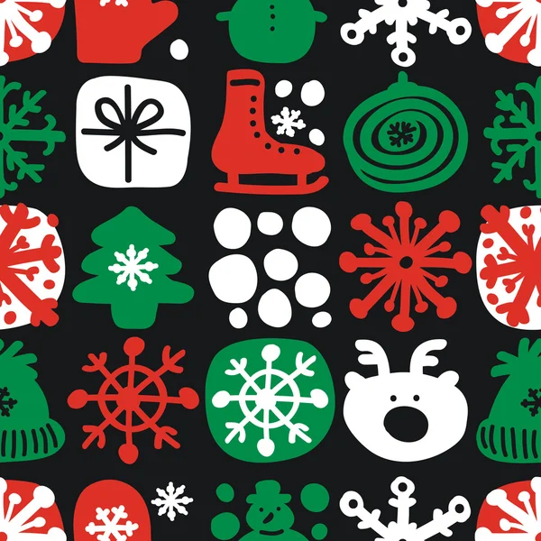 Christmas abstract vector naadloze patroon. Winter groene en rode textuur. Feestelijke sneeuwvlokken achtergrond. Doodle illustratie. — Stockvector