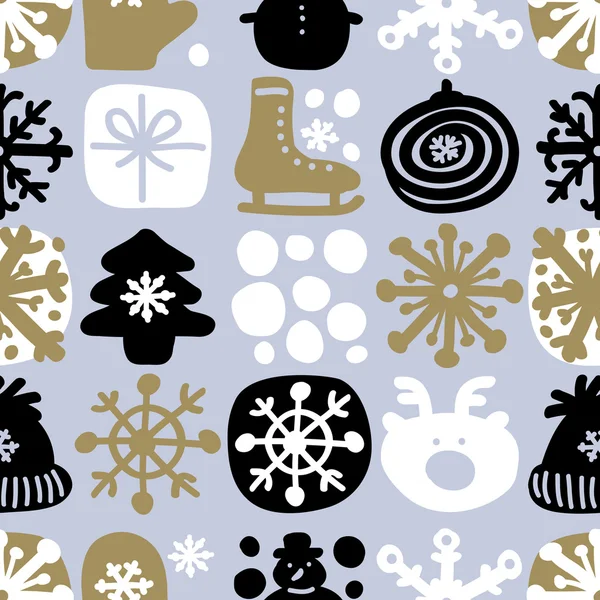 Christmas abstract vector naadloze patroon. Winter gouden en zwarte textuur. Feestelijke sneeuwvlokken achtergrond. Doodle illustratie. — Stockvector