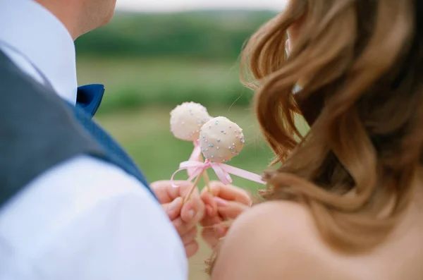 Les mains du marié dans un costume bleu et noeud papillon et la mariée avec gâteau Pops gros plan, dos Images De Stock Libres De Droits