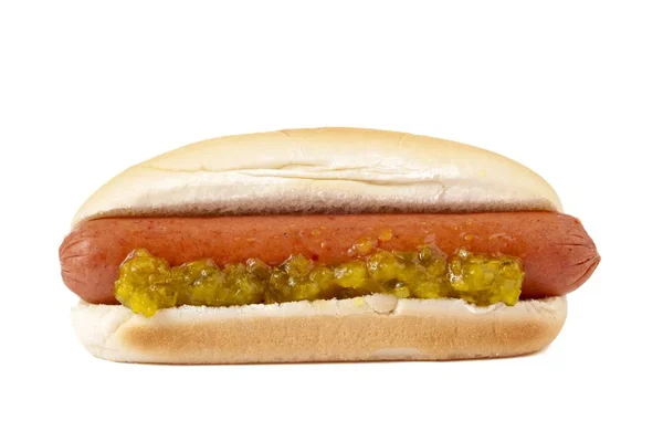 Hotdog sandwich with crushed pickles — Stock Photo, Image