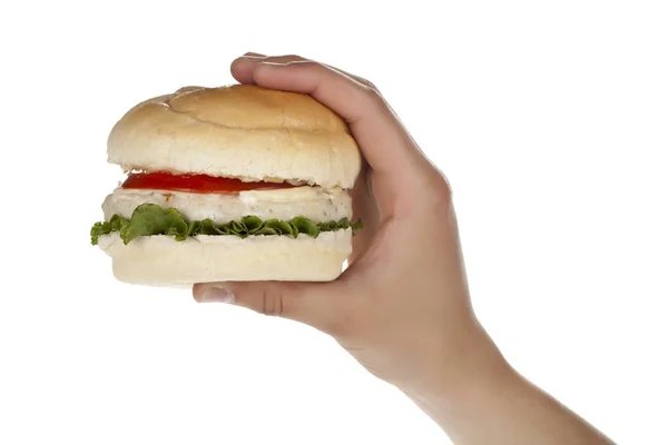 มือมนุษย์กับแฮมเบอร์เกอร์ไก่ — ภาพถ่ายสต็อก