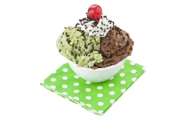 Kom met de chocolade en mint ice cream Stockfoto