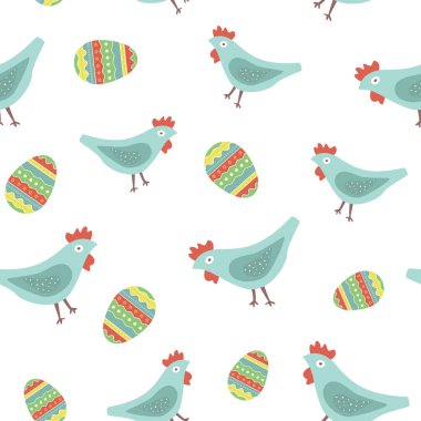 Vektör tavuk ve yumurta ile seamless modeli. Mutlu Paskalya arka plan, duvar kağıdı, ambalaj. Tasarım ve kutlama için düz renkli çizimler.