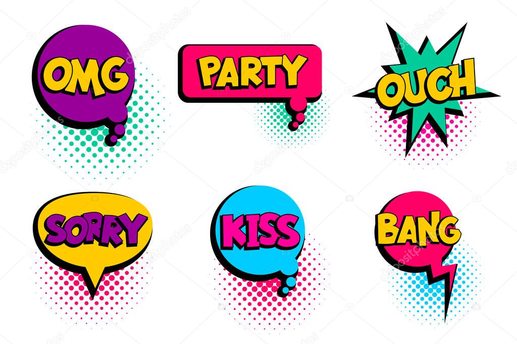 Omg, ouch, kiss, party summer set speech bubble. Comic text banner poster sticker concept. Comics book pop art style text. Message speech bubble boom cloud talk web comic text. Vector Illustration.