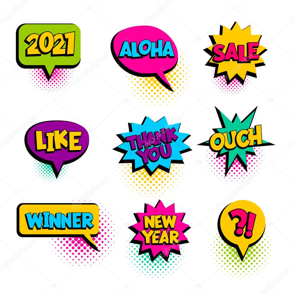 2021, aloha, sale new year, winner set speech bubble. Comic text banner poster sticker concept. Comics book pop art style text. Message speech bubble boom cloud talk comic text. Vector Illustration.