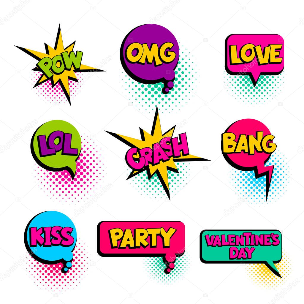 Pow, omg, love, party, kiss, lol set speech bubble. Comic text banner poster sticker concept. Comics book pop art style text. Message speech bubble boom cloud talk comic text. Vector Illustration.
