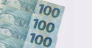 Brezilya para ile makro yakın çekim. Faturalar gerçek olarak adlandırılan. Ekonomi 