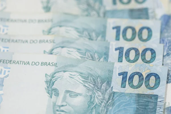 Brazilské Peníze Zavřete Makro 100 Dolarovkách Nazývá Reálné Obrázek Koncept — Stock fotografie