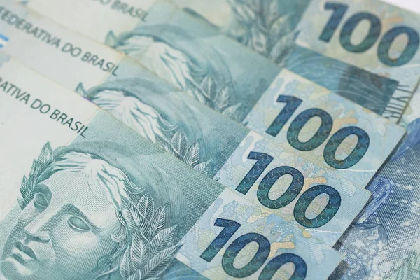 Dinheiro Brasileiro Fecha Com Macro 100 Bills Chamado Real — Fotografia de Stock