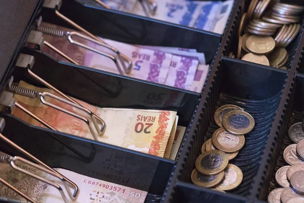 Dinheiro Brasileiro Fecha Com Macro 100 Bills Chamado Real — Fotografia de Stock
