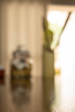 Bokeh ışıklı Masa Üstü ve Görüntü Modern mutfak arka planı.