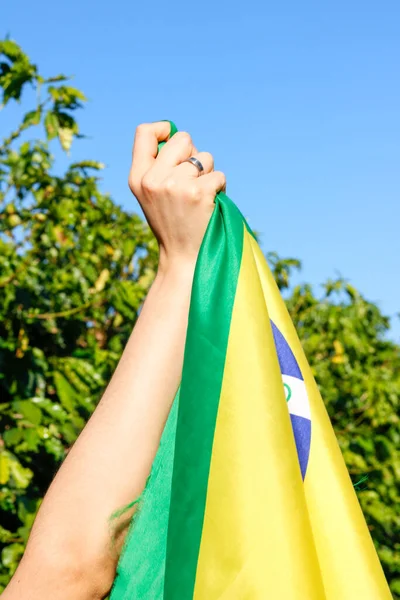 Die Brasilianische Flagge Wind Halten — Stockfoto