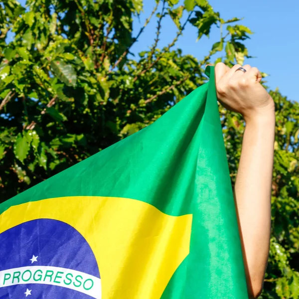 Holding the Brazilian flag in the wind.