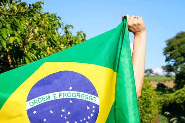 Segurando Bandeira Brasileira Vento — Fotografia de Stock