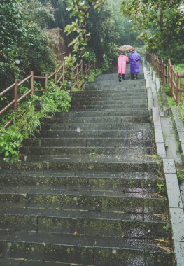 Yaşlı çift yağmurda üst kata çıkıyor.