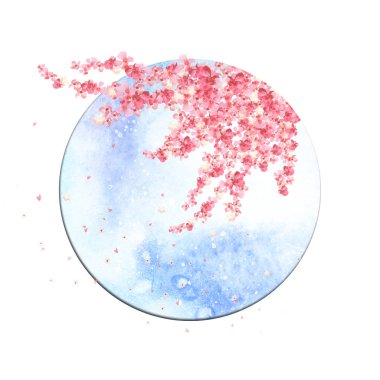 Yuvarlak çerçevenin içinde çiçek açan suluboya sakura ağacı.