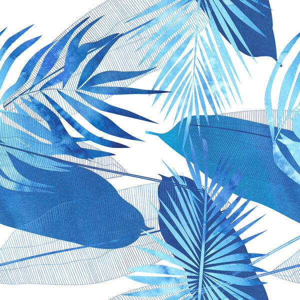 seamless pattern with blue watercolor banana and palm leaves