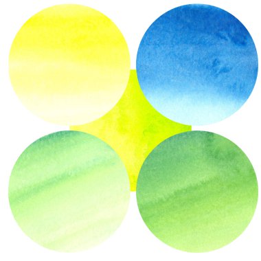 Beyaz arkaplanda izole edilmiş mavi sarı ve yeşil tonlardan oluşan renkli suluboya çemberler