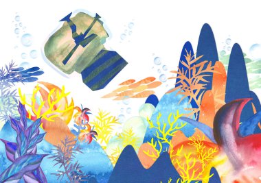 Su altı fotoğrafçılığının suluboya kamera ve yüzen balık sürüsüyle soyut bir illüstrasyonu