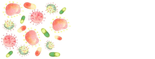 Horizontale Banner Met Aquarel Abstracte Pillen Corona Virussen Ruimte Voor — Stockfoto