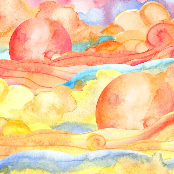 Watercolor Illustration Colorful Clouds Suns Cartoon Style — Stock Photo, Image