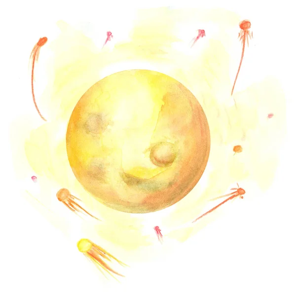 Acuarela Ilustración Brillante Planeta Amarillo Estrellas Fugaces Aisladas Sobre Fondo —  Fotos de Stock