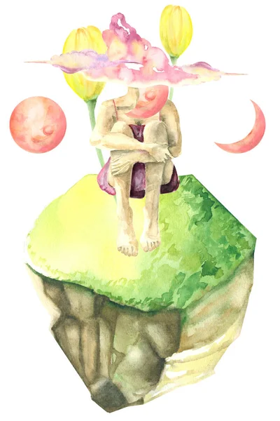 Abstarct Акварель Иллюстрации Сидящей Женщины Головой Облаках Цветах Изменение Лунного — стоковое фото