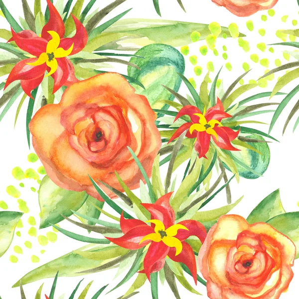 Sömlöst Mönster Akvarell Tropiska Växter Med Blommande Blommor Prickar Och — Stockfoto