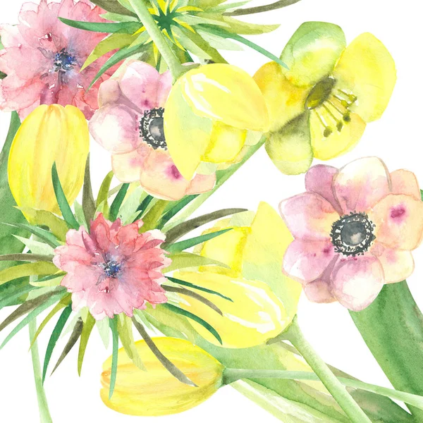 白い背景に孤立して咲く繊細な水彩ピンクと黄色の花 — ストック写真