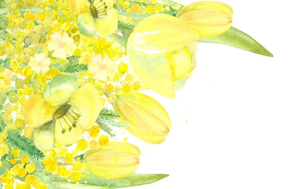 Vacker Gul Bukett Mimosa Grenar Tulpaner Och Andra Blommor — Stockfoto