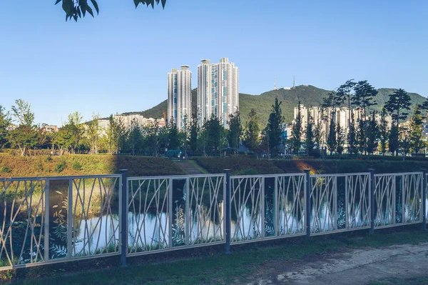 View Cityscape Busan Pond Fence Front Busan Citizens Park — Stock Photo, Image