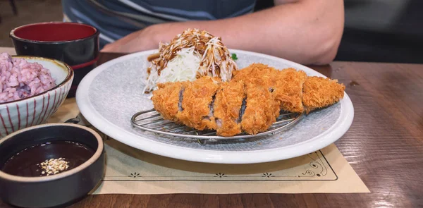Yeni yapılmış lahana salatası, pirinç ve soslu tonkatsu manzarasını kapatın.