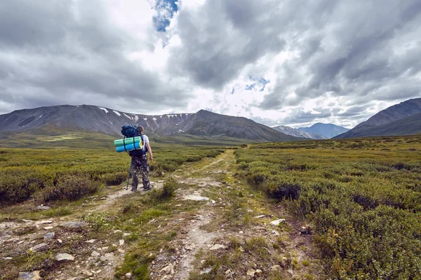 Viaje a pie por los valles montañosos. La belleza de la vida silvestre. Altai, el camino a los lagos Shavlinsky. Caminata — Foto de Stock