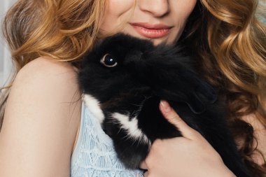 Mükemmel kızı pencerenin bir tavşan ellerinin üstünde oturuyor. Yumuşak ve romantik duygular. Uzun saçlı güzel kadın