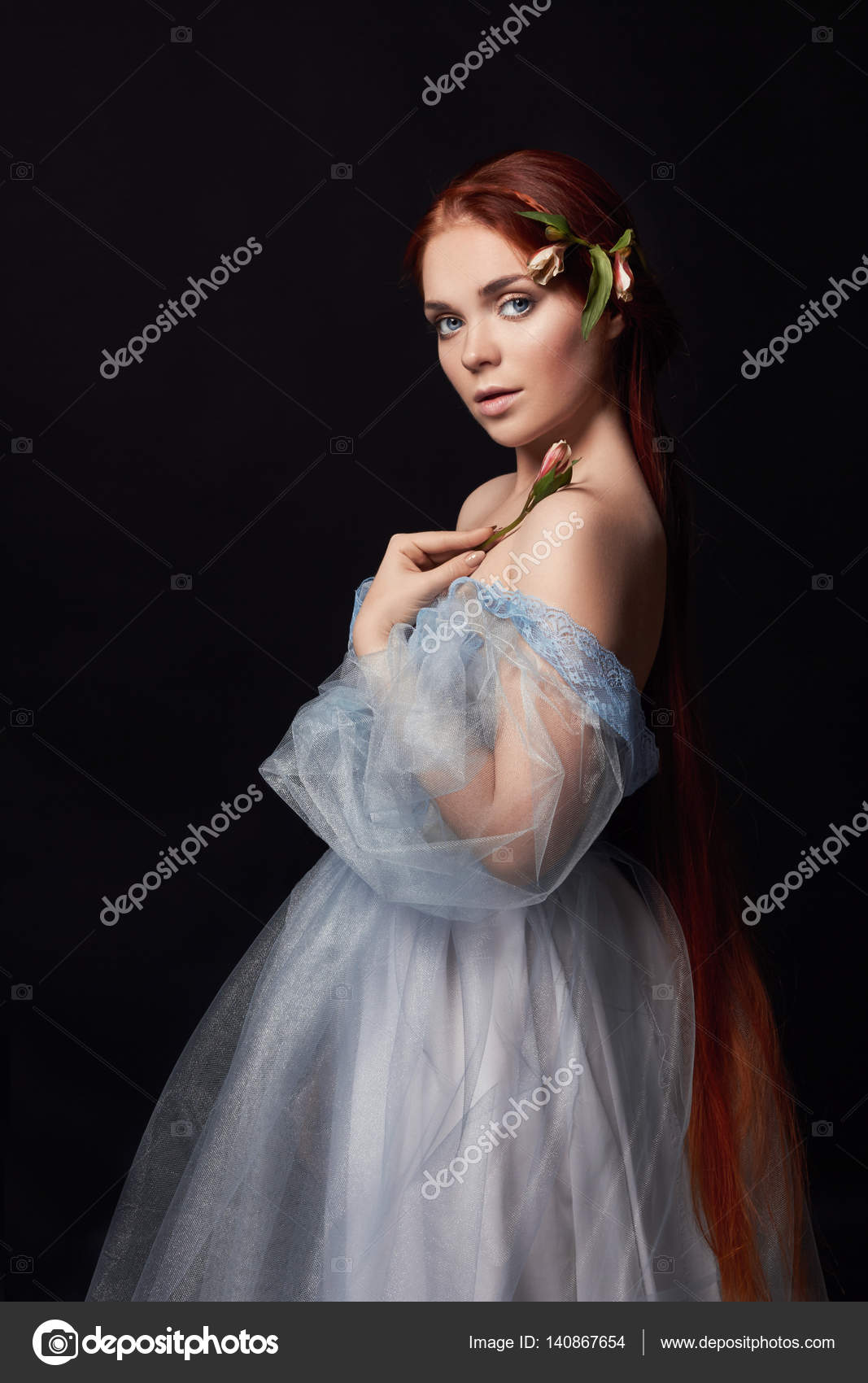 Sexy beautiful redhead girl with long hair in dress cotton retro. Woman ...